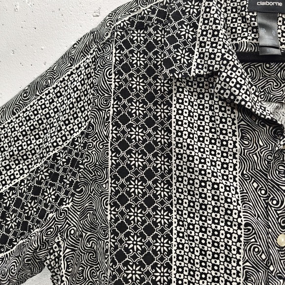 Claiborne Mens Silk Shirt XL Black‎ + White Geometric Short Sleeve Button Up - Picture 4 of 5